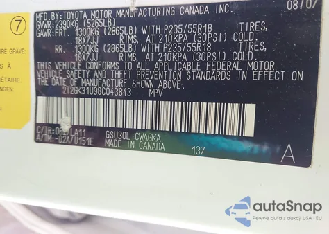 2008 Lexus Rx 350 z USA, uszkodzony, nr VIN 2T2GK31U98C043843